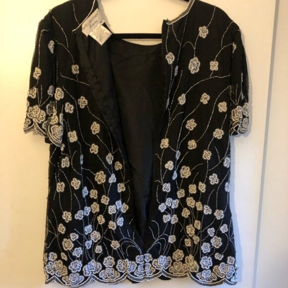Beaded Black & White 100%Silk Floral Papell Boutique Evening Top, Size XL - Picture 8 of 8